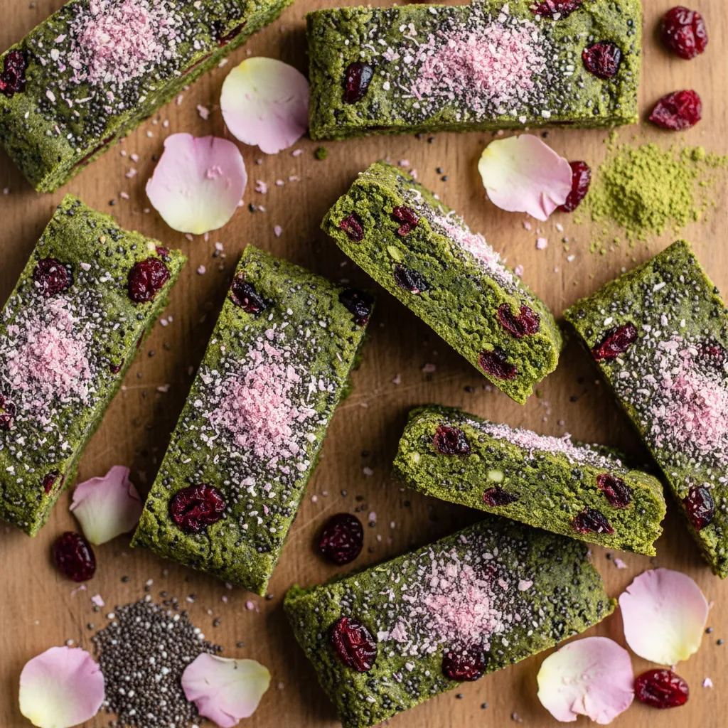 Cranberry-Chia Matcha Energy Bars with Edible Rose Petals