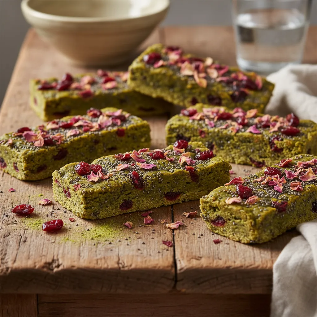 Cranberry-Chia Matcha Energy Bars with Edible Rose Petals