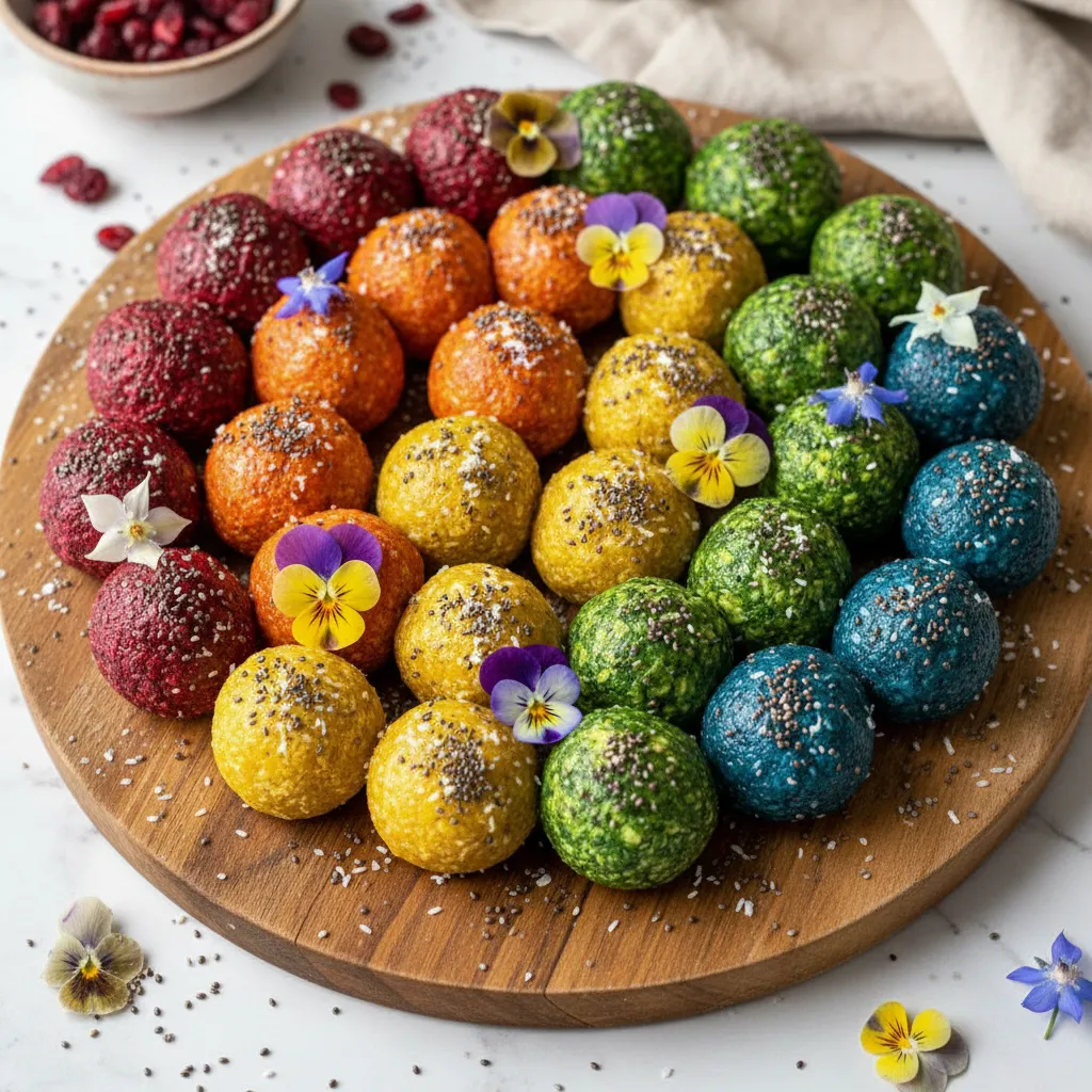 Cranberry-Chia Rainbow Bliss Balls with Edible Flowers