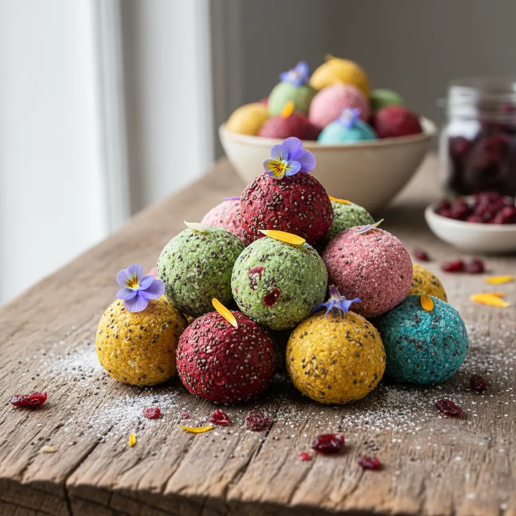 Cranberry-Chia Rainbow Bliss Balls with Edible Flowers