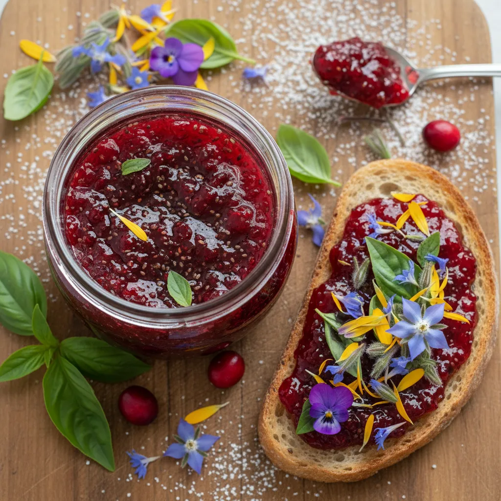 Cranberry Basil Chia Jam with Edible Flower Garnish