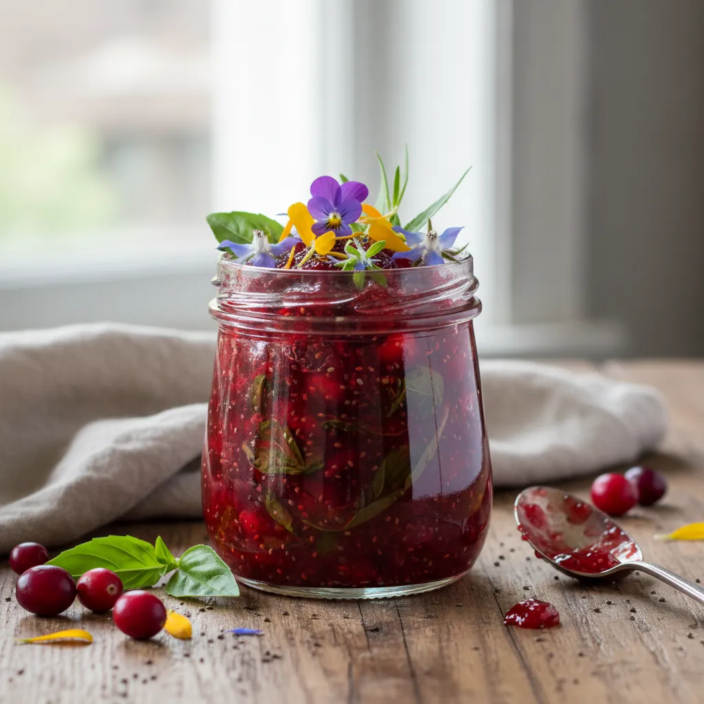 Cranberry Basil Chia Jam with Edible Flower Garnish