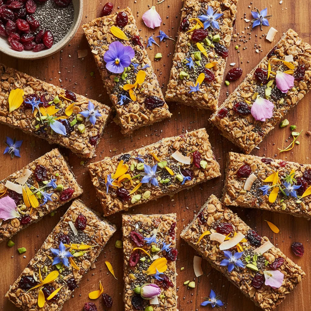Cranberry Chia Bliss Energy Bars with Edible Flower Topping