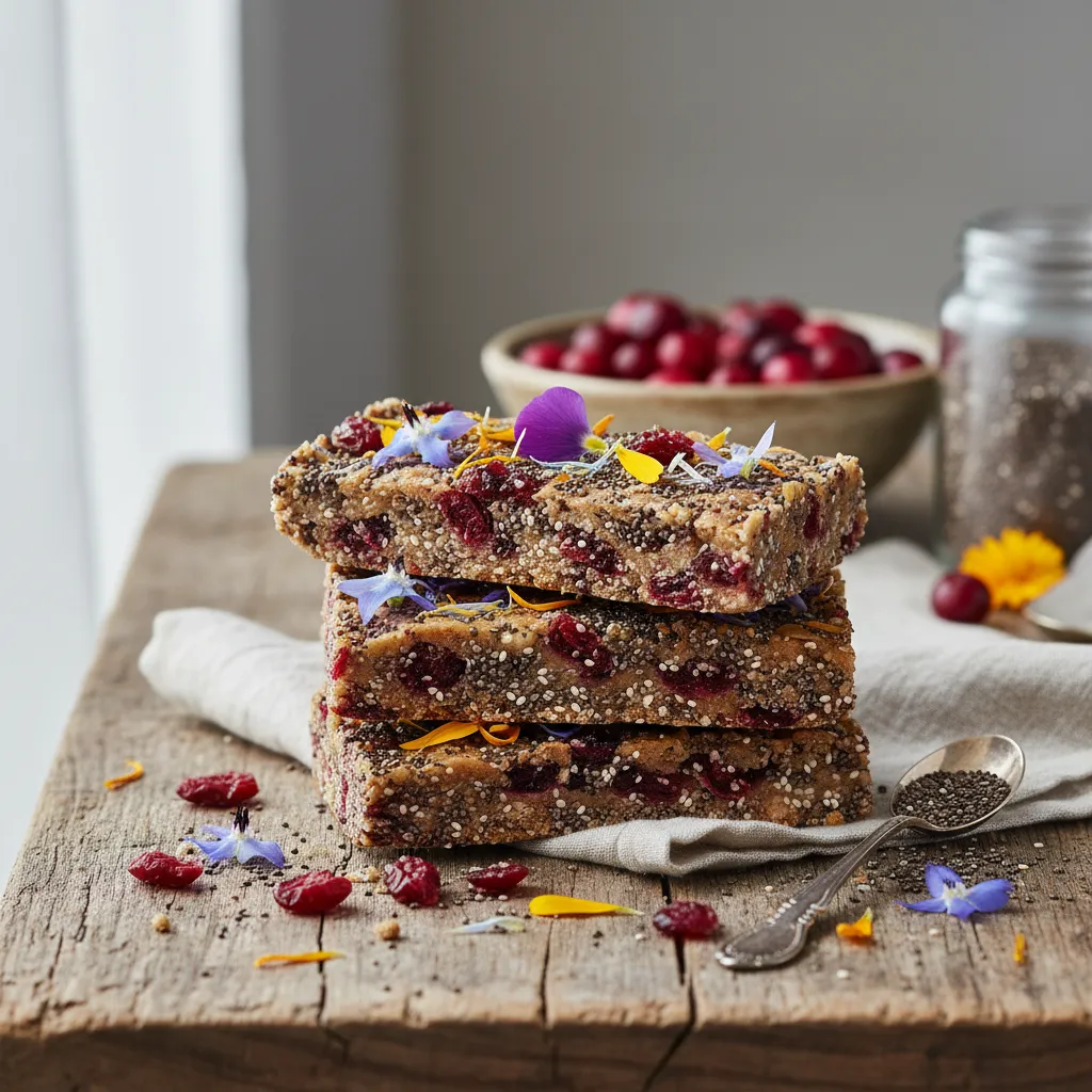 Cranberry Chia Bliss Energy Bars with Edible Flower Topping