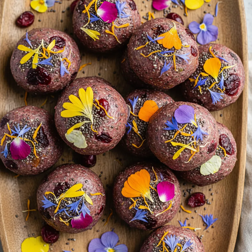 Cranberry Chia Bliss Energy Bites with Edible Flower Coating
