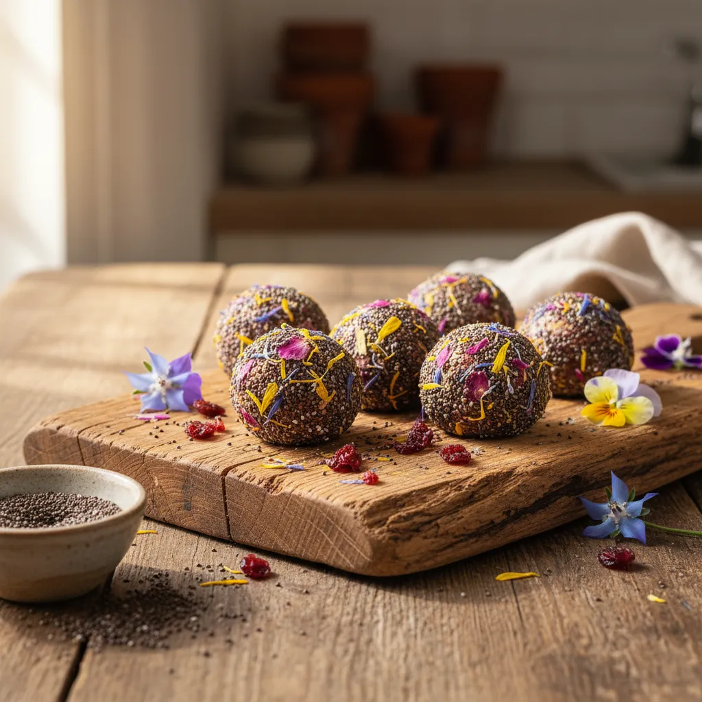 Cranberry Chia Bliss Energy Bites with Edible Flower Coating