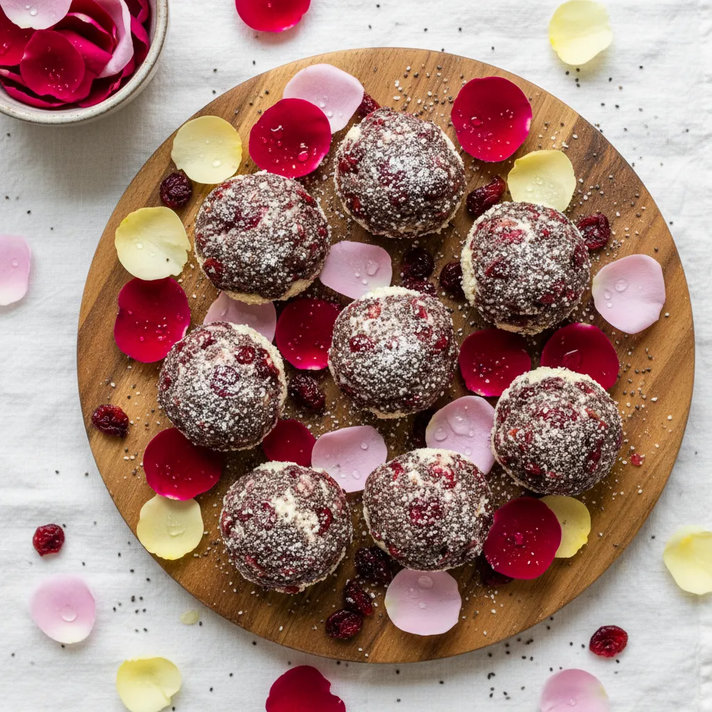 Cranberry Chia Delight Bites with Edible Rose Petals
