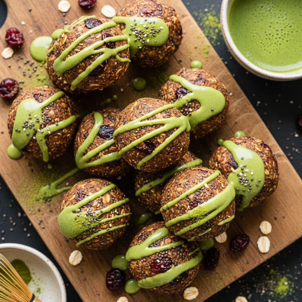 Cranberry Chia Energy Bites with Matcha Drizzle
