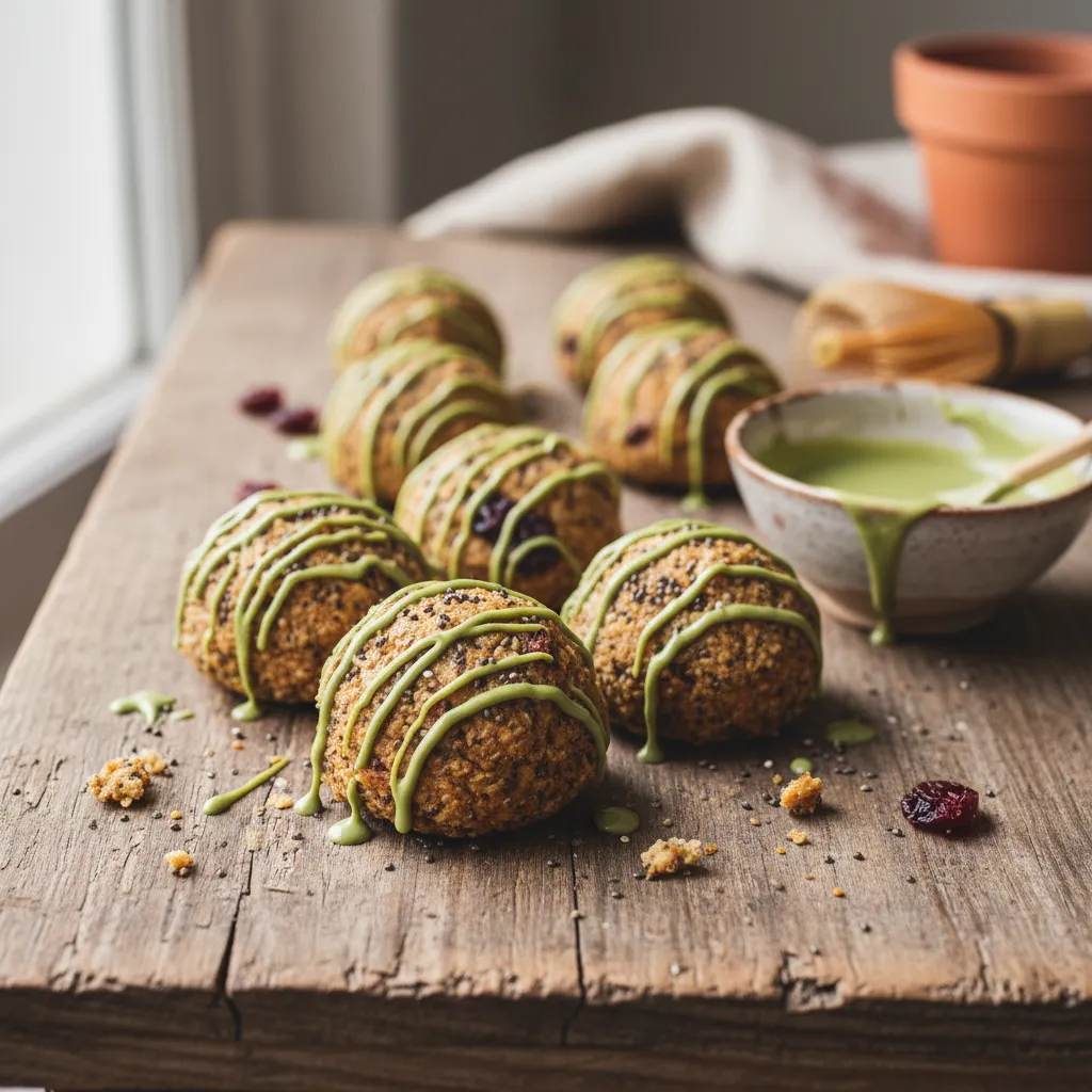 Cranberry Chia Energy Bites with Matcha Drizzle