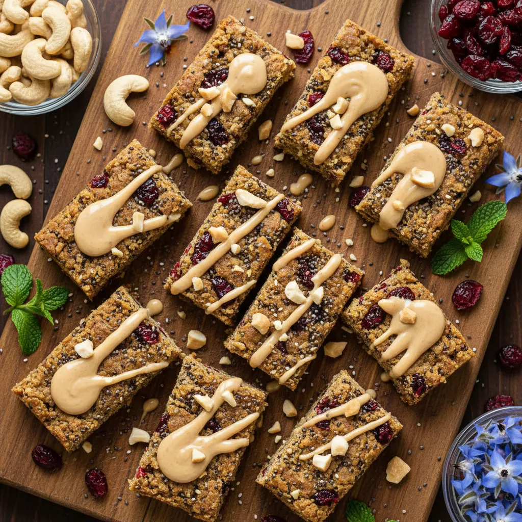 Cranberry Chia Protein Bars with Maple Cashew Drizzle