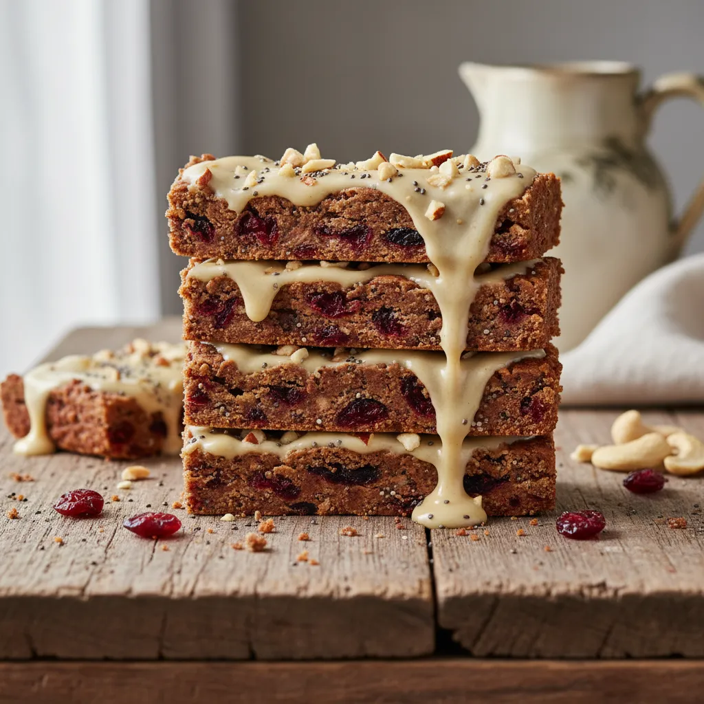 Cranberry Chia Protein Bars with Maple Cashew Drizzle