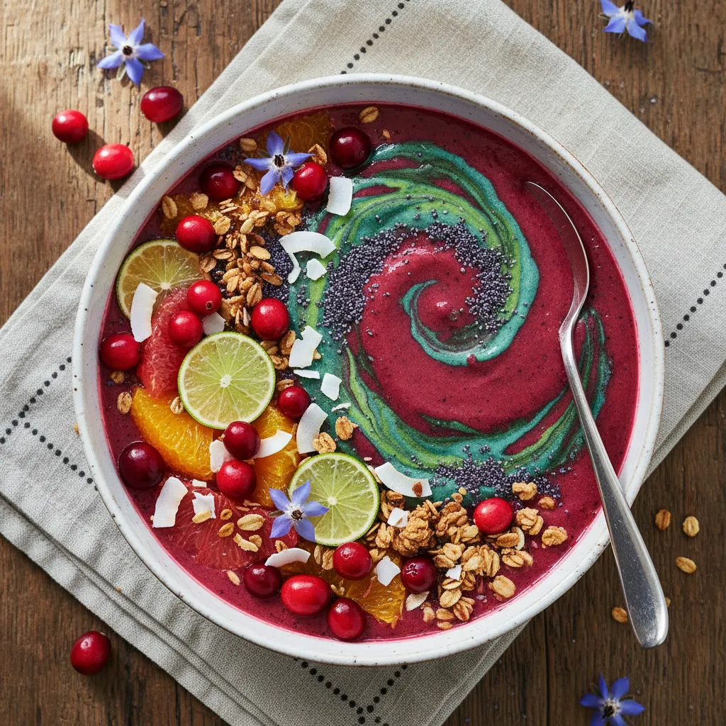 Cranberry Citrus Antioxidant Smoothie Bowl with Spirulina Swirl