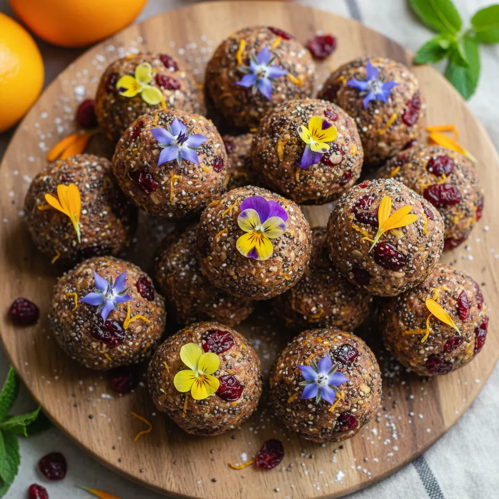 Cranberry Citrus Chia Energy Bites with Edible Flower Surprise