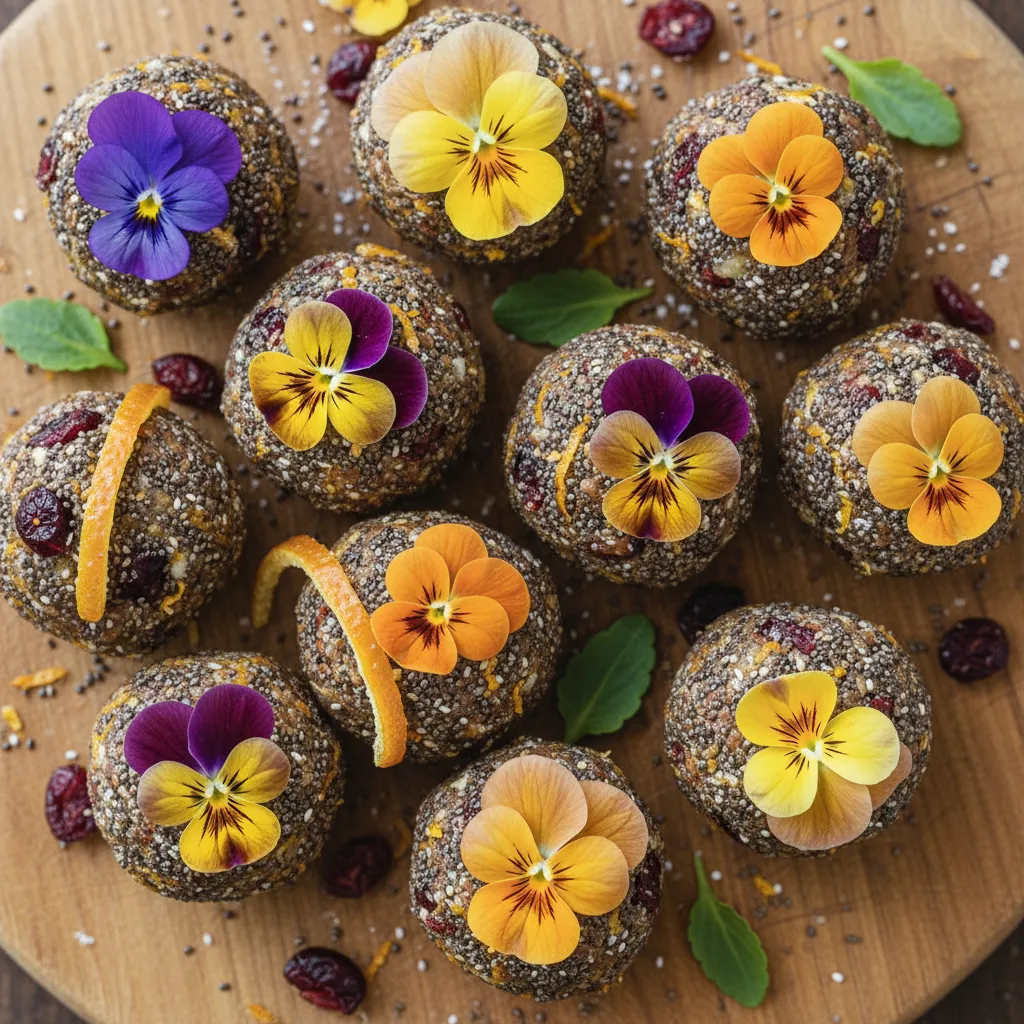 Cranberry Citrus Chia Energy Bites with Edible Pansy Garnish