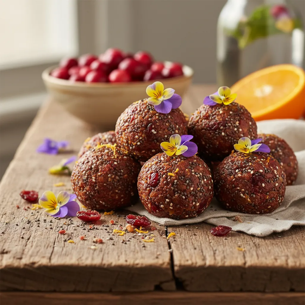 Cranberry Citrus Chia Energy Bites with Edible Pansy Garnish