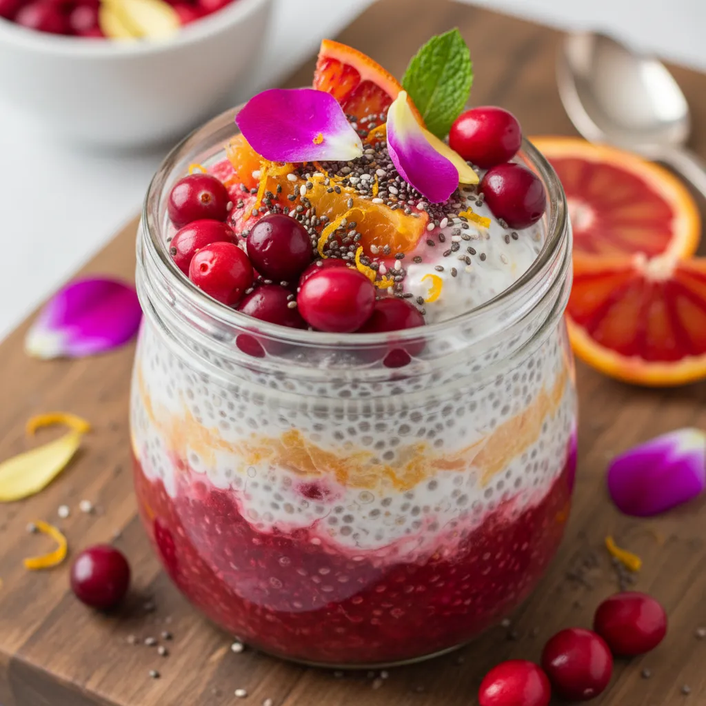 Cranberry Citrus Chia Pudding with Edible Orchid Petals