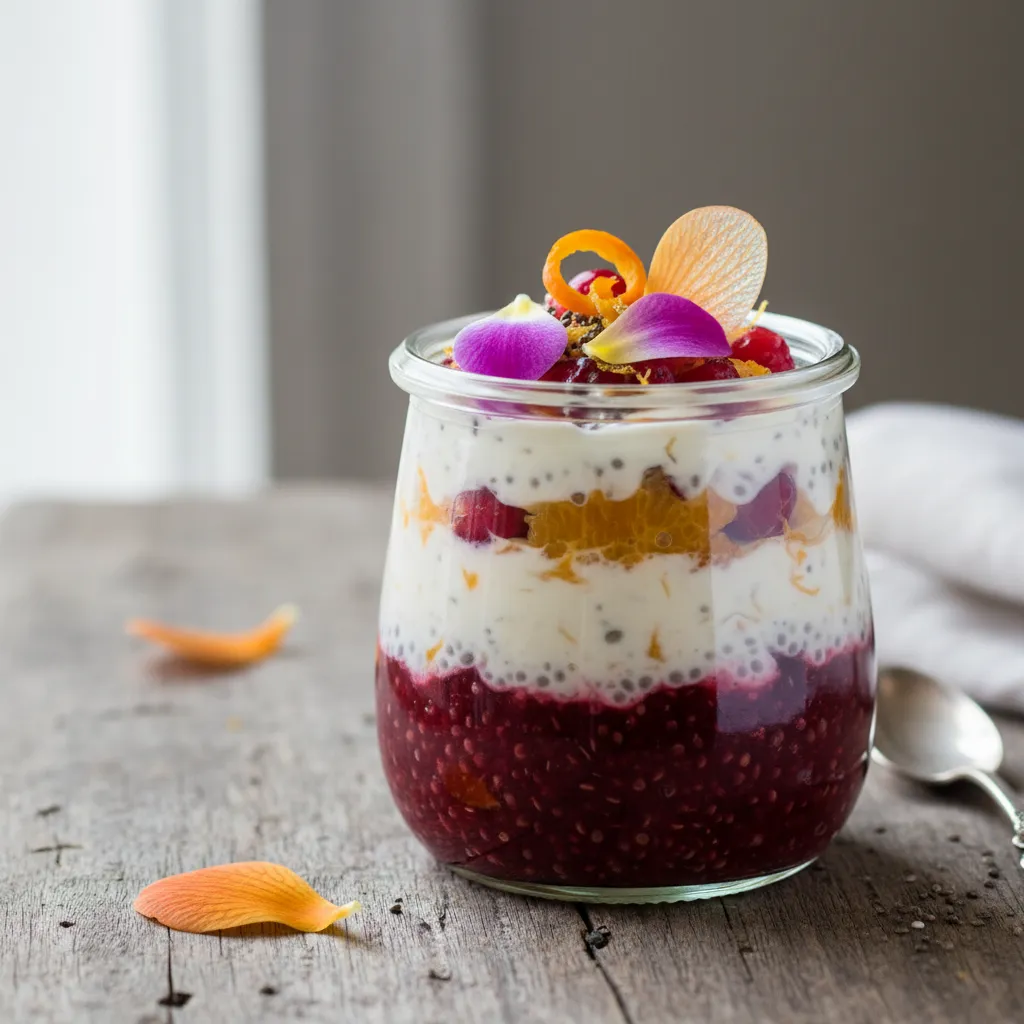 Cranberry Citrus Chia Pudding with Edible Orchid Petals