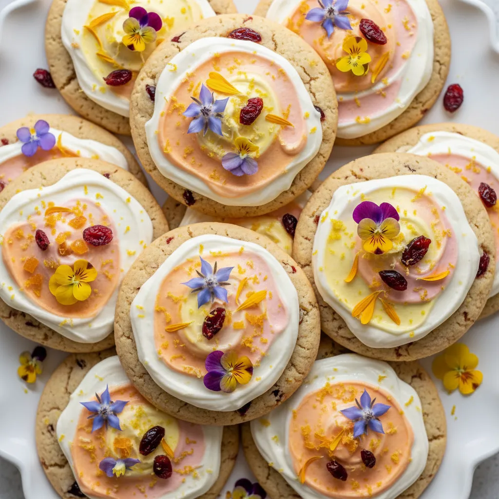 Cranberry Citrus Cloud Cookies with Edible Flower Frosting