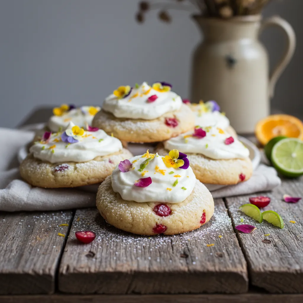 Cranberry Citrus Cloud Cookies with Edible Flower Frosting