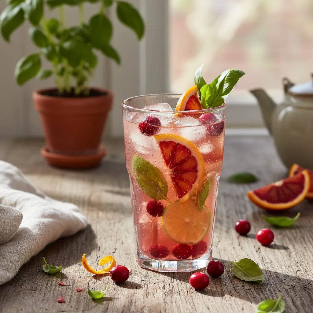 Cranberry Citrus Green Tea Spritzer with Basil