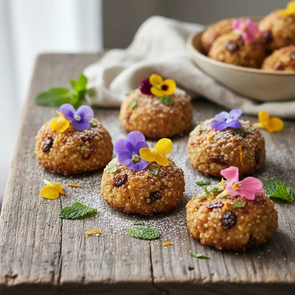 Cranberry Citrus Quinoa Bites With Edible Flower Garnish