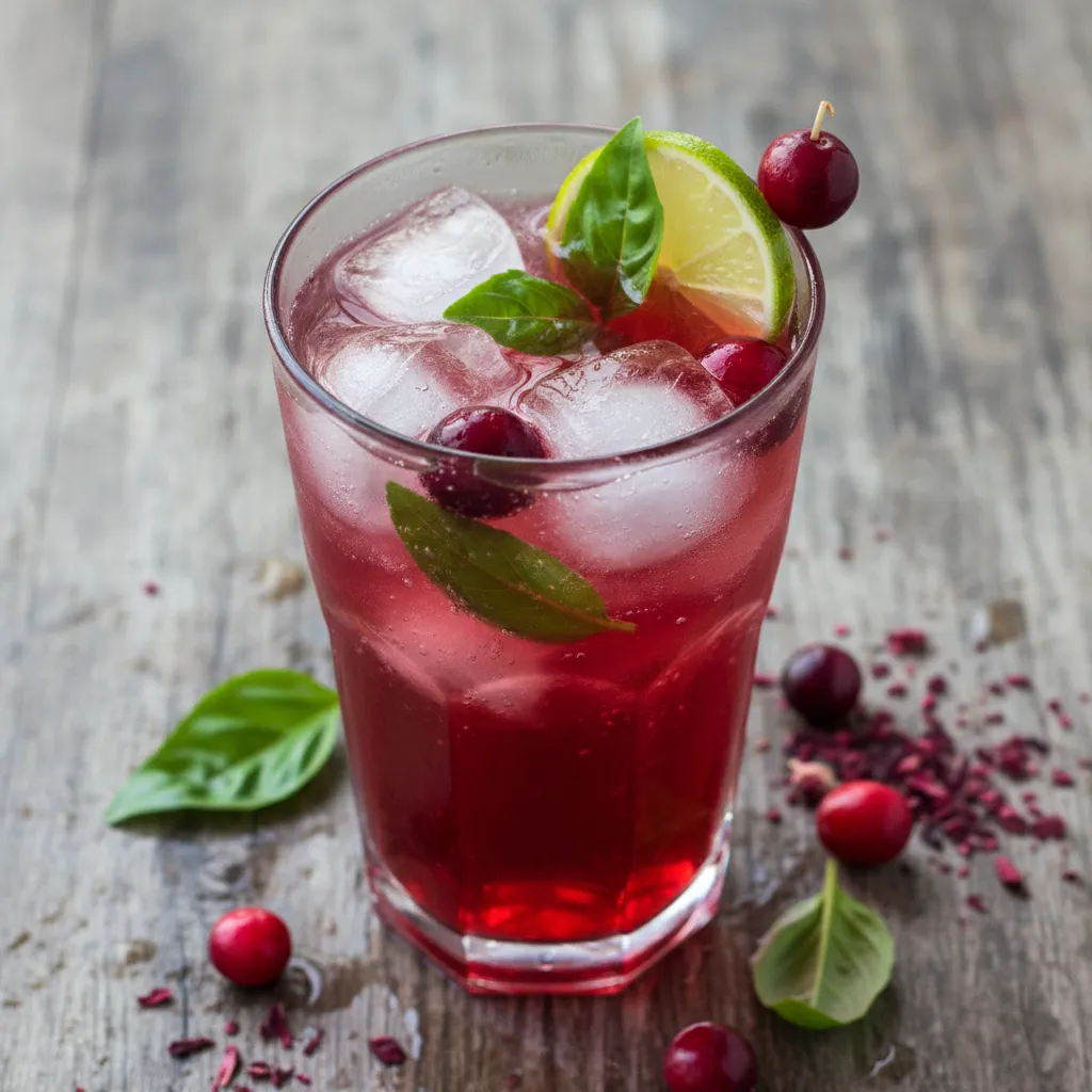 Cranberry Hibiscus Iced Tea Spritzer with Basil