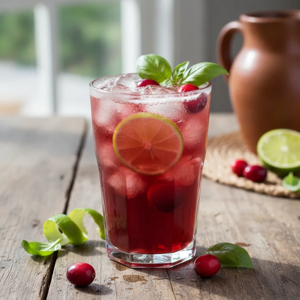 Cranberry Hibiscus Iced Tea Spritzer with Basil