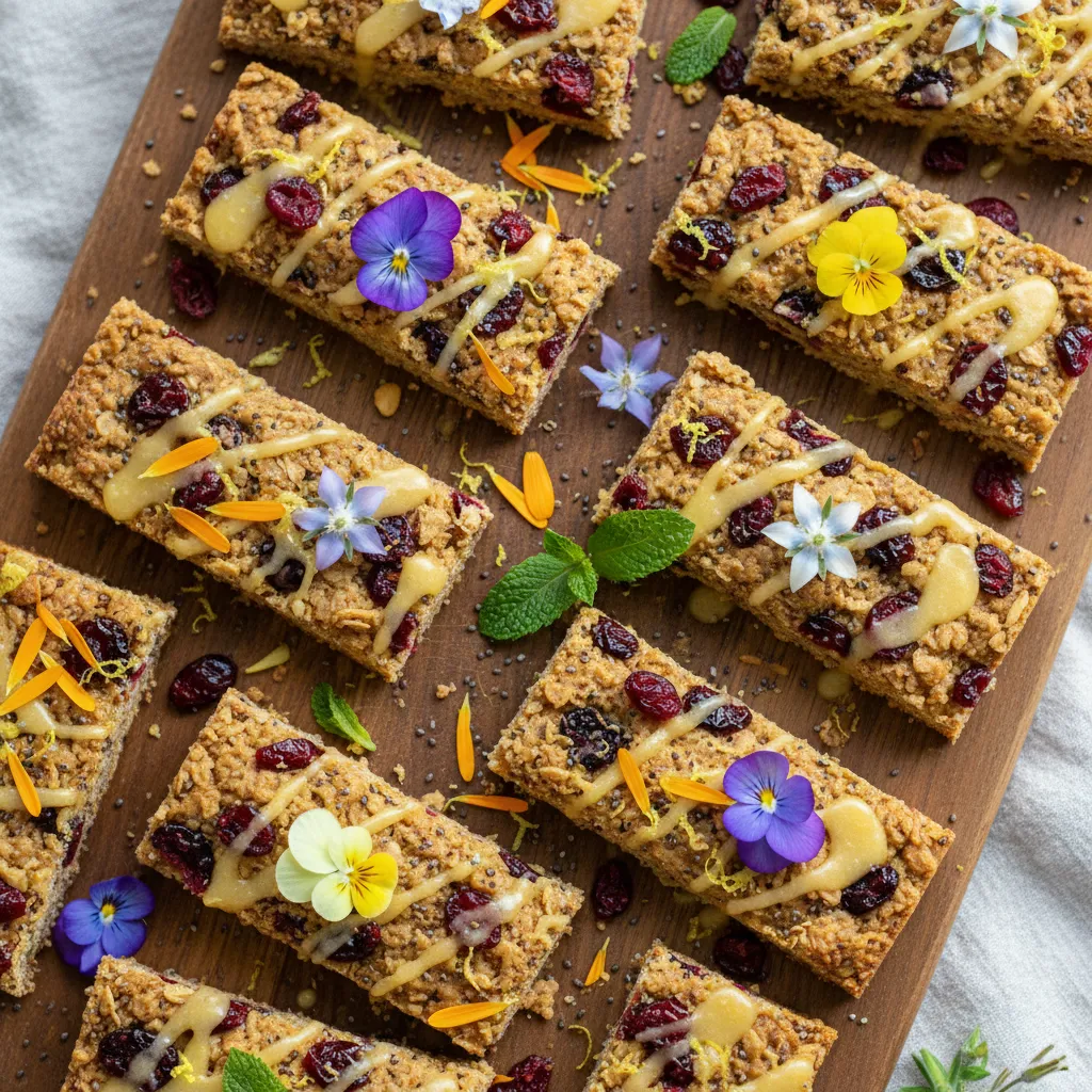 Cranberry Lemon Chia Energy Bars with Edible Flowers