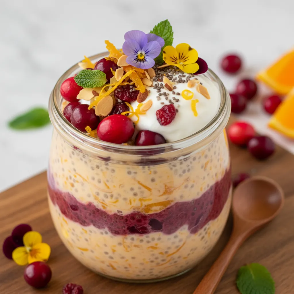 Cranberry Orange Chia Pudding Parfait with Edible Flower Garnish