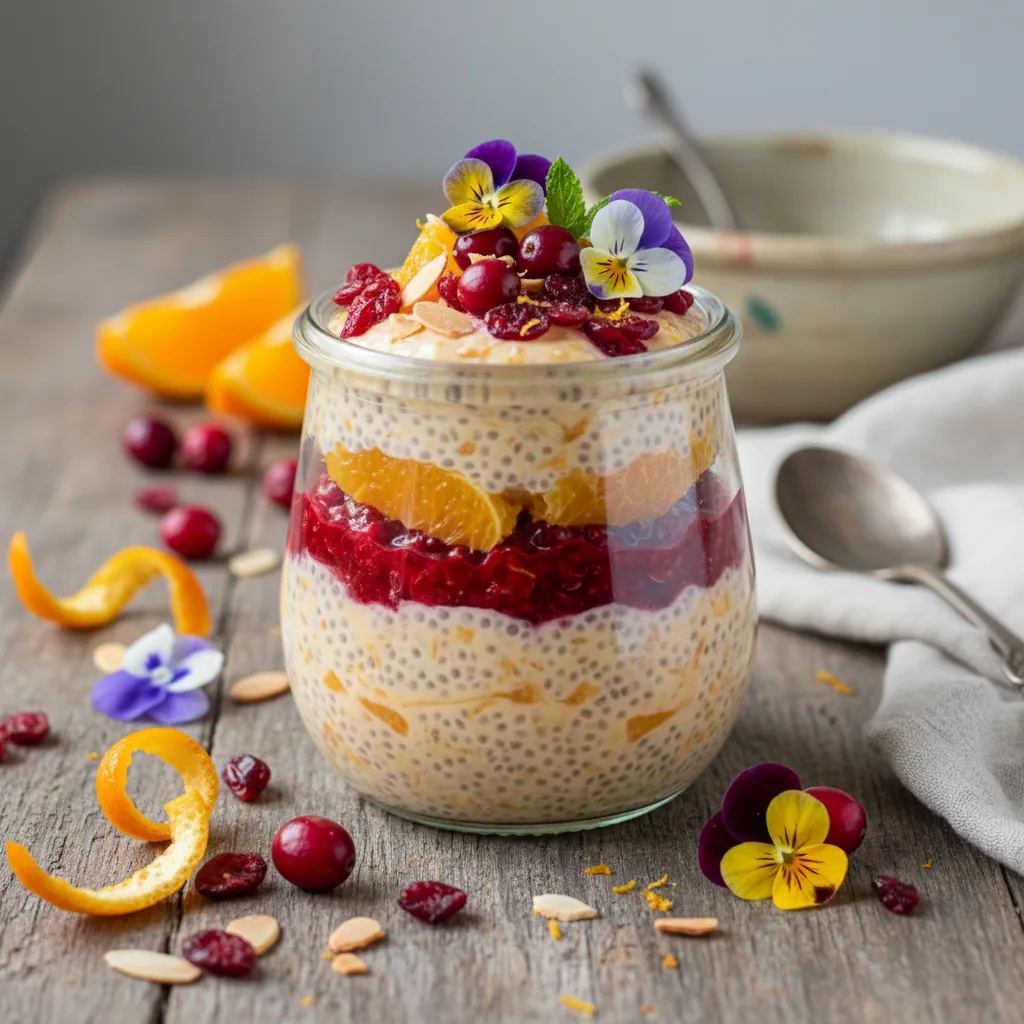 Cranberry Orange Chia Pudding Parfait with Edible Flower Garnish