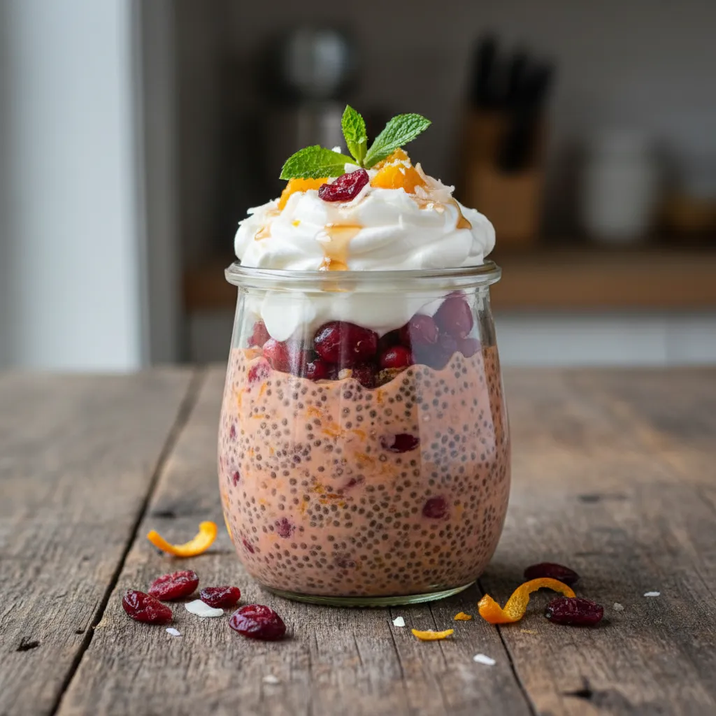 Cranberry Orange Chia Seed Pudding with Maple Infused Coconut Cream