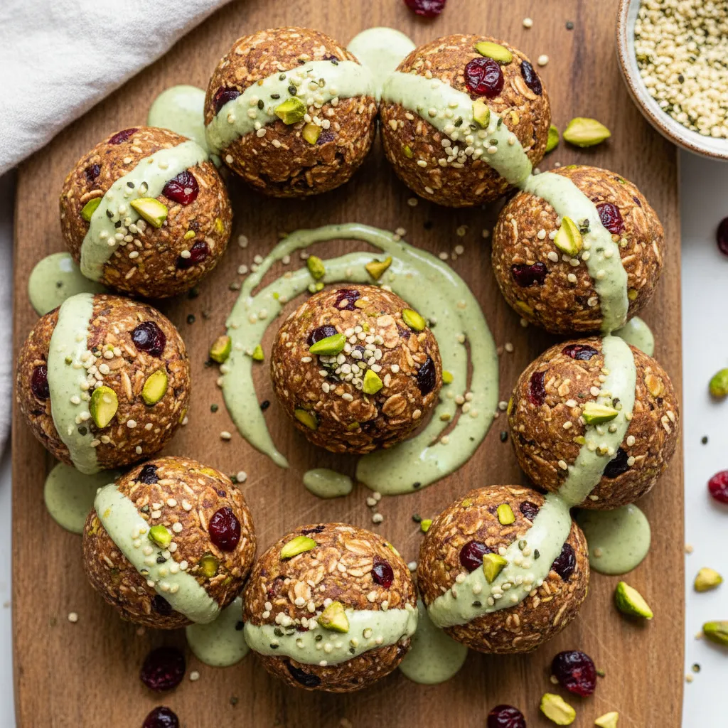 Cranberry Pistachio Energy Bites with Hemp Seed Drizzle