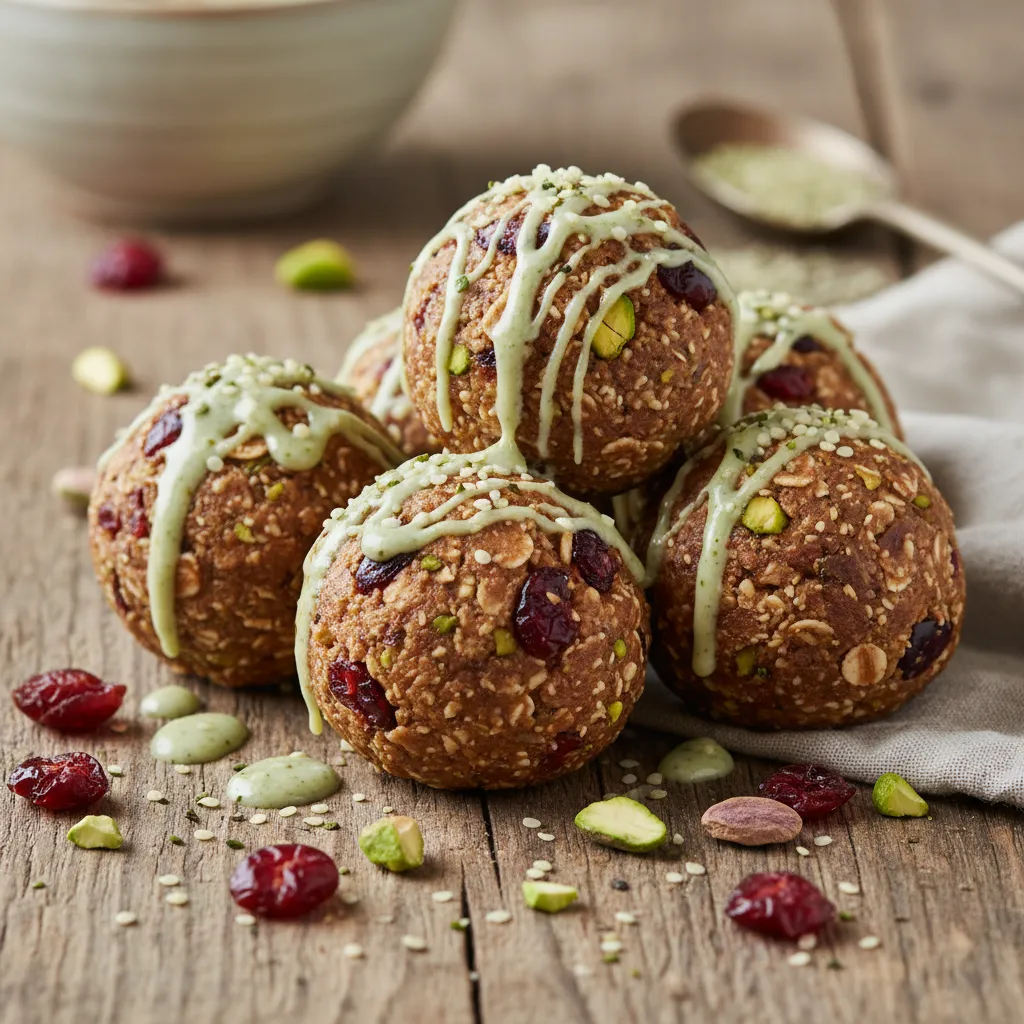 Cranberry Pistachio Energy Bites with Hemp Seed Drizzle