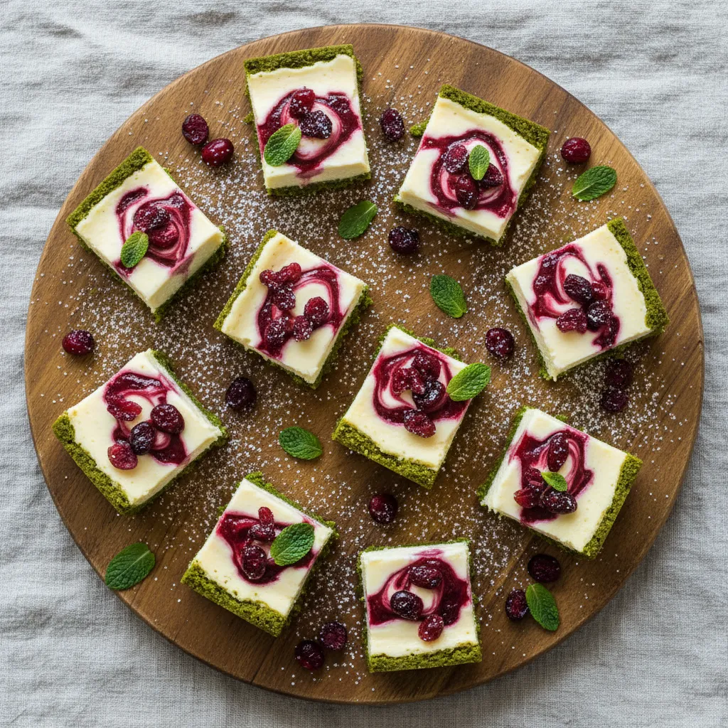 Cranberry Vanilla Vegan Cheesecake Bites with Matcha Crust