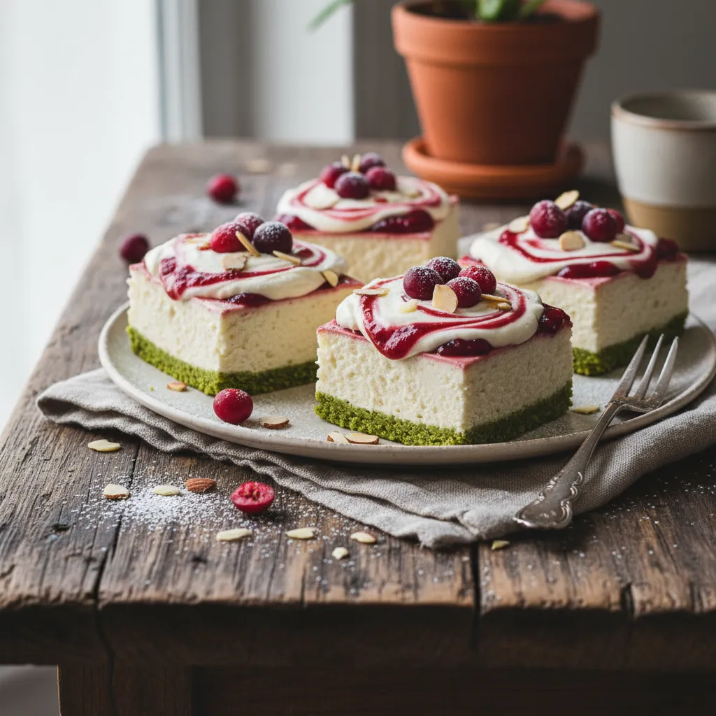 Cranberry Vanilla Vegan Cheesecake Bites with Matcha Crust