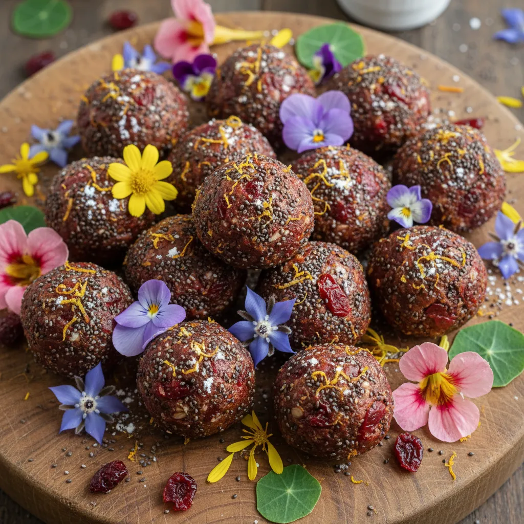 Cranberry Zest Chia Energy Bites with Edible Flowers