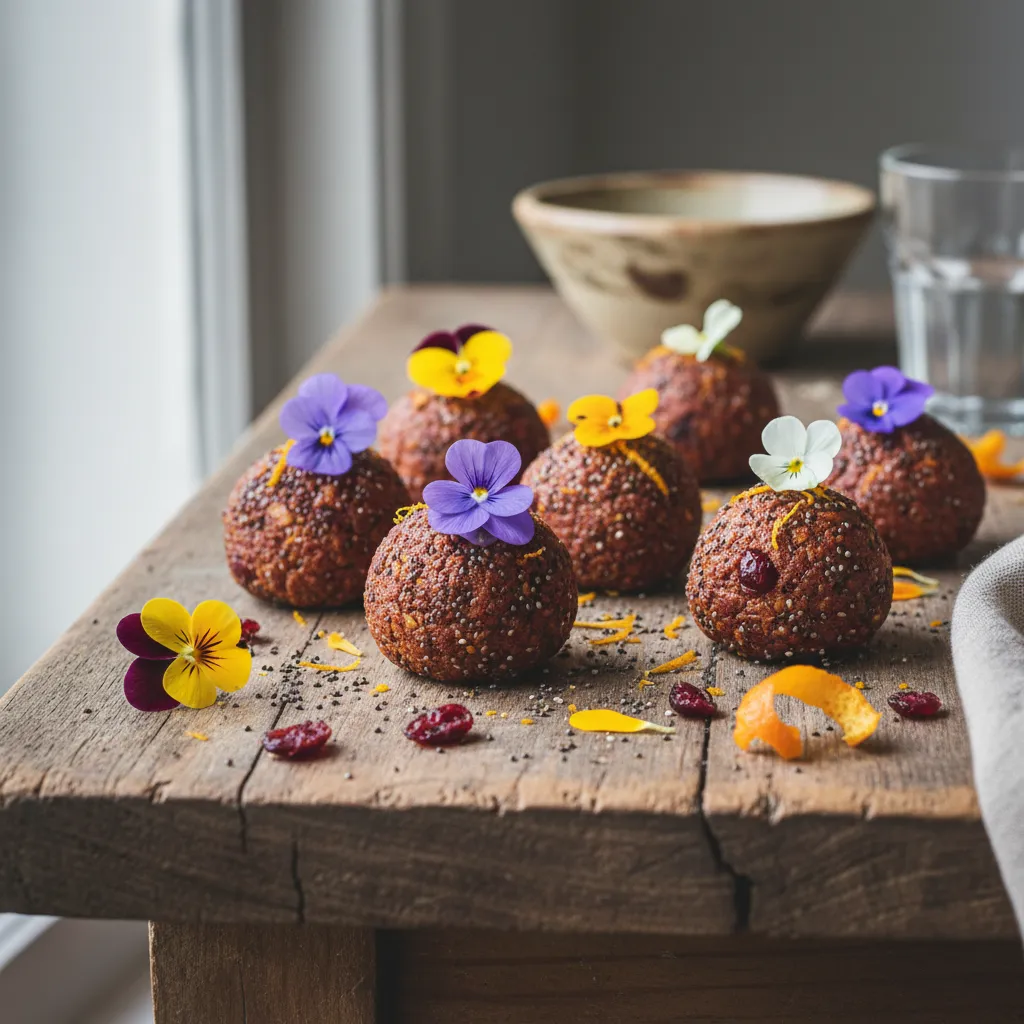 Cranberry Zest Chia Energy Bites with Edible Flowers