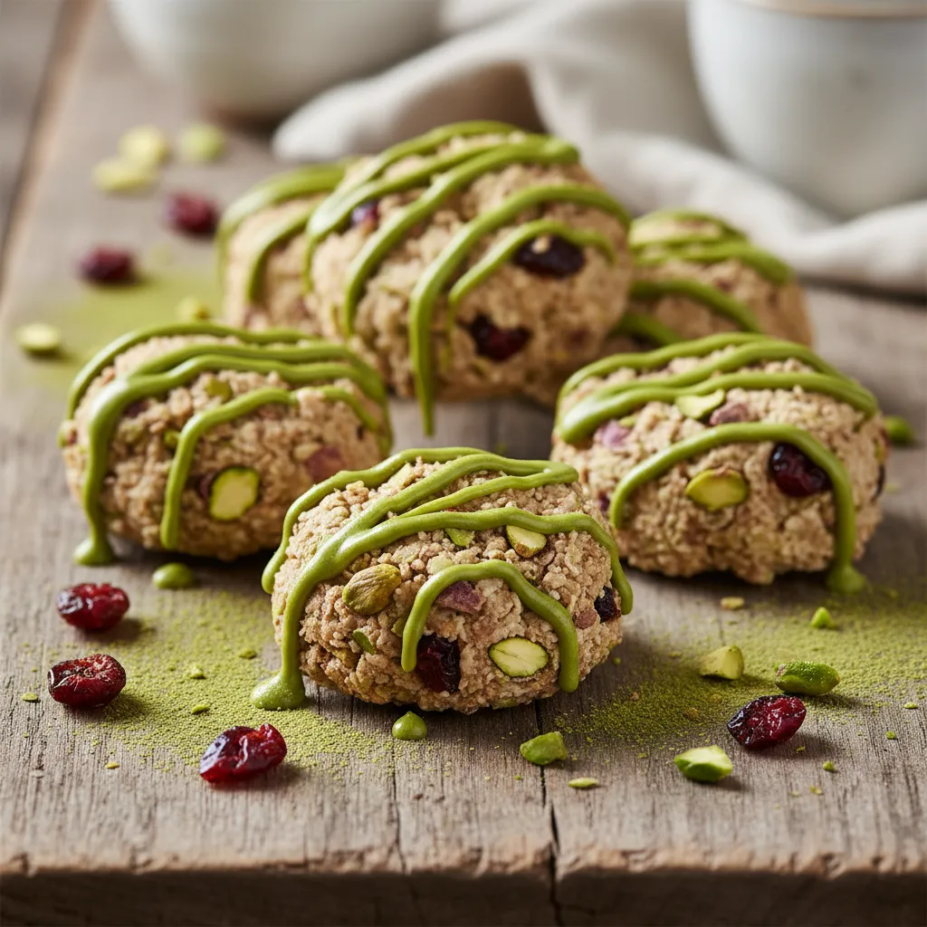 Cranberry & Pistachio Bliss Bites with Matcha Drizzle