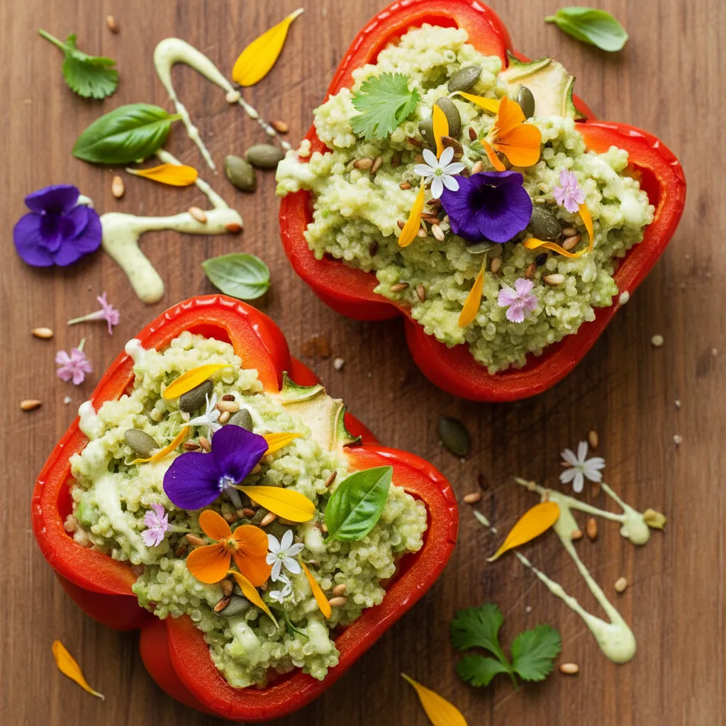 Creamy Avocado and Edible Flower Quinoa Stuffed Bell Peppers