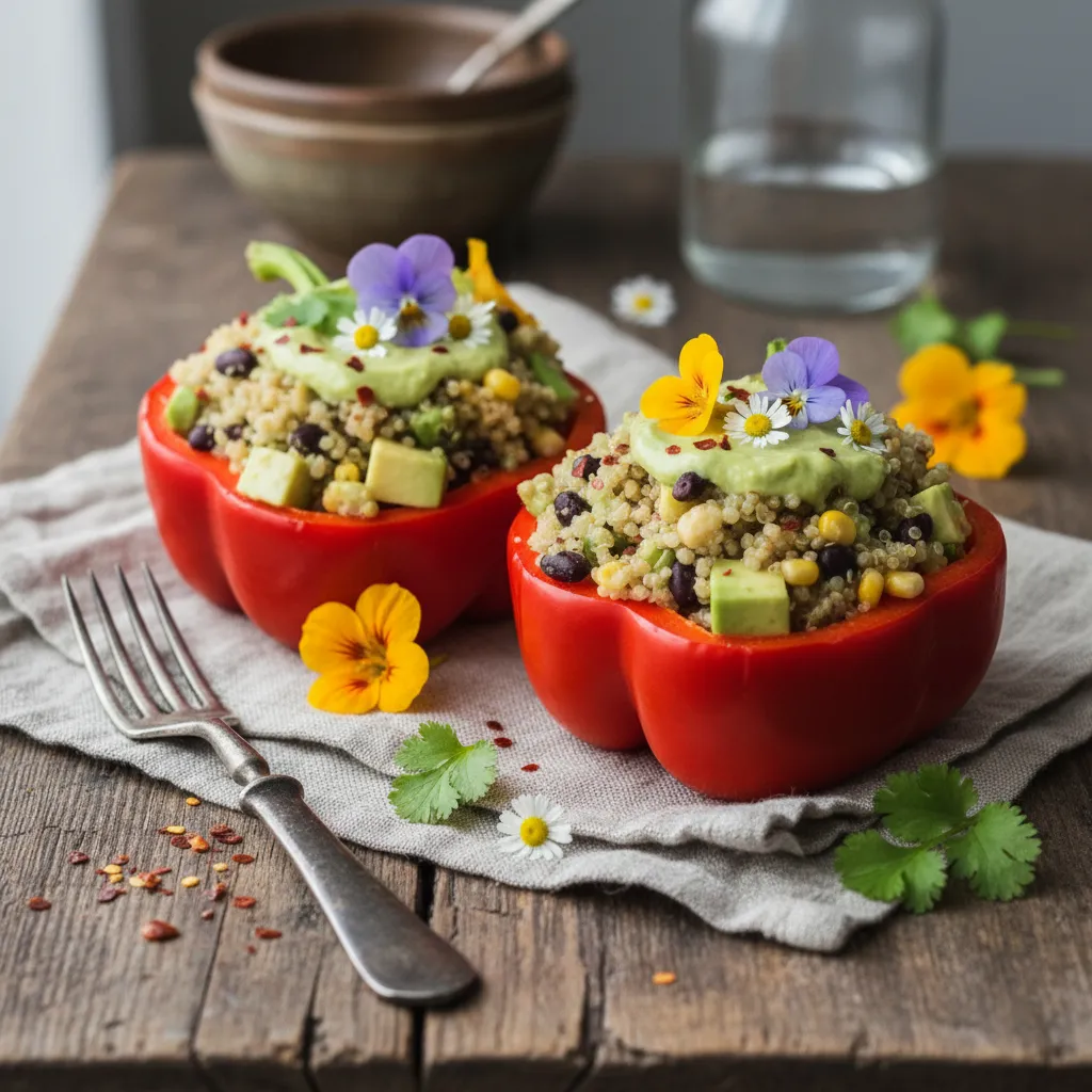 Creamy Avocado and Edible Flower Quinoa Stuffed Bell Peppers