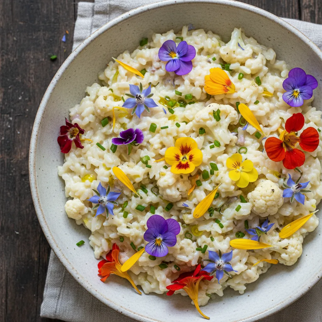 Creamy Cauliflower and Edible Flower Risotto