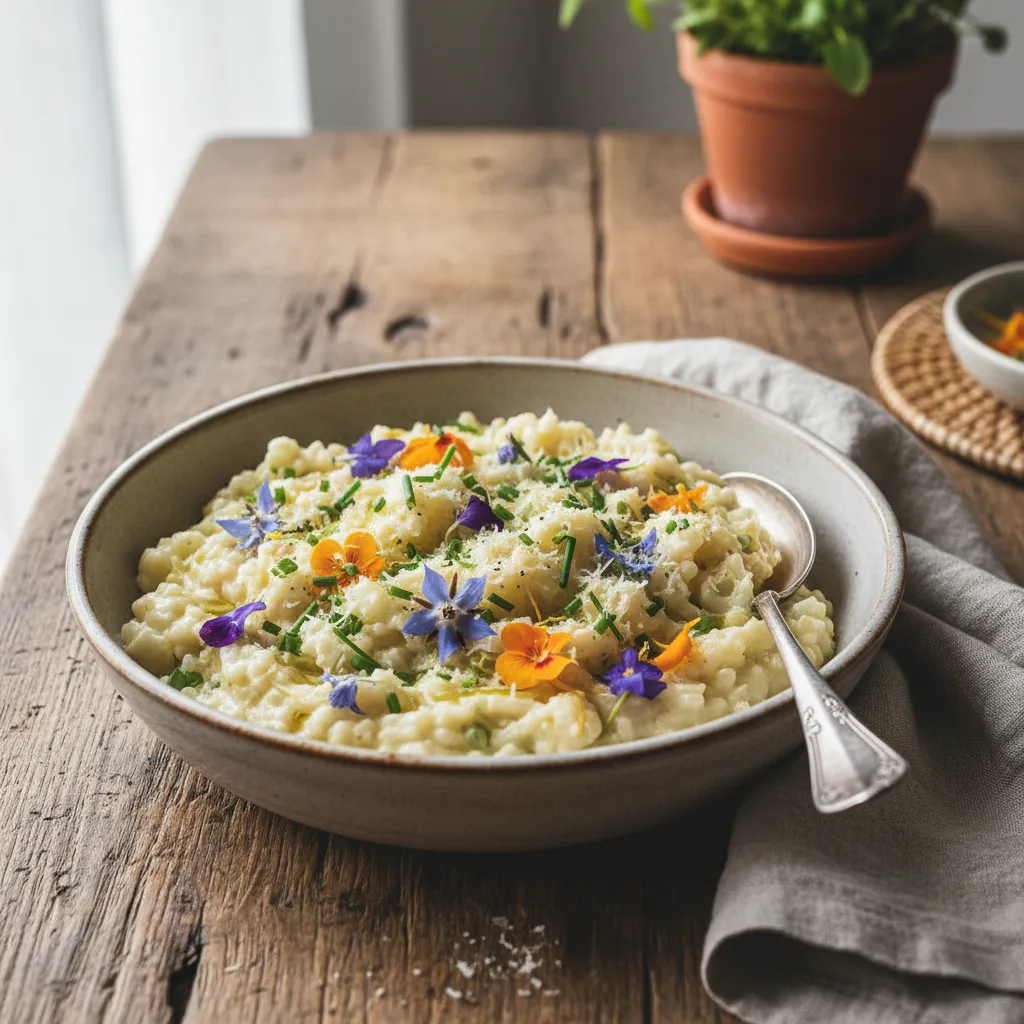 Creamy Cauliflower and Edible Flower Risotto
