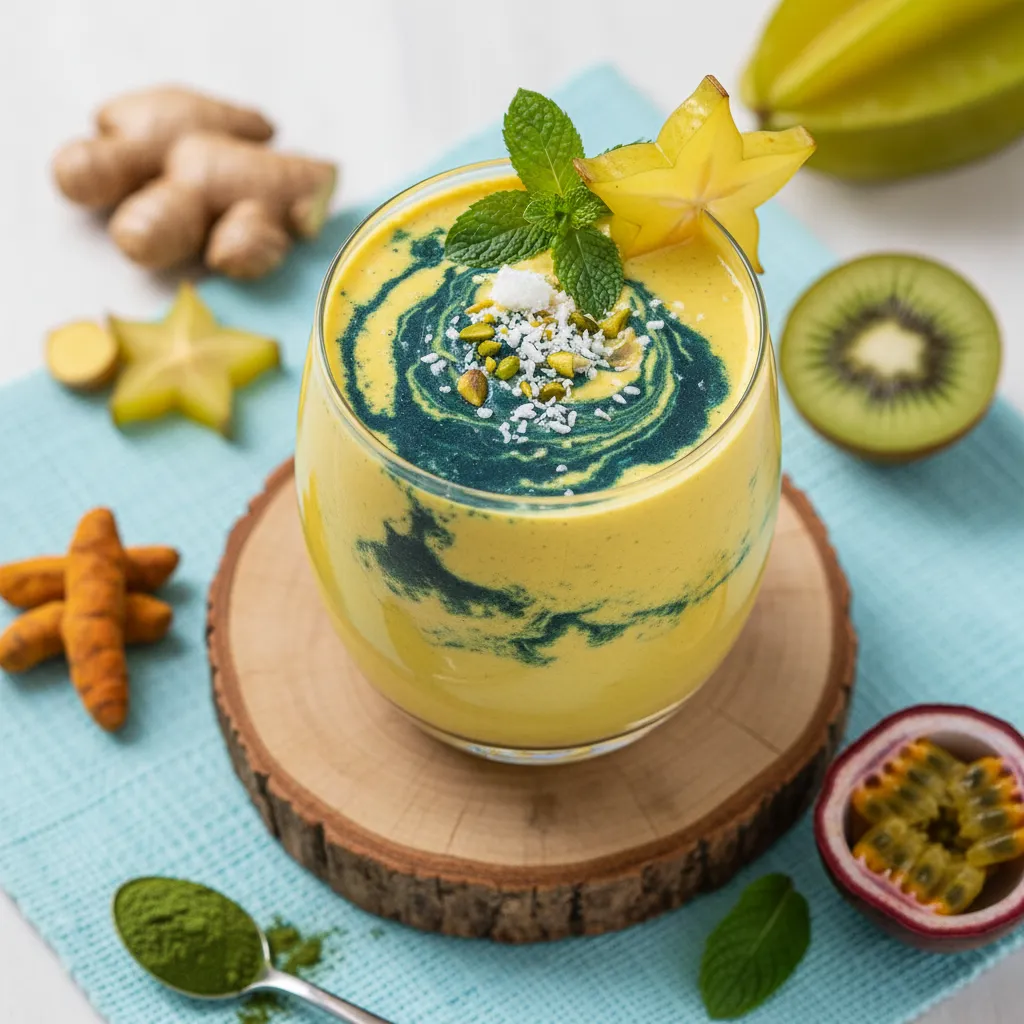 Creamy Tropical Turmeric Ginger Smoothie with Spirulina Swirl