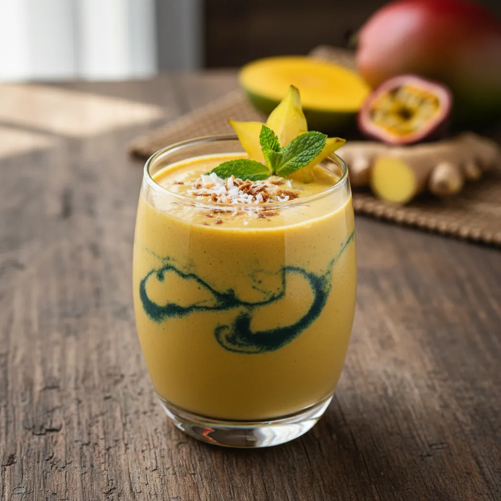 Creamy Tropical Turmeric Ginger Smoothie with Spirulina Swirl