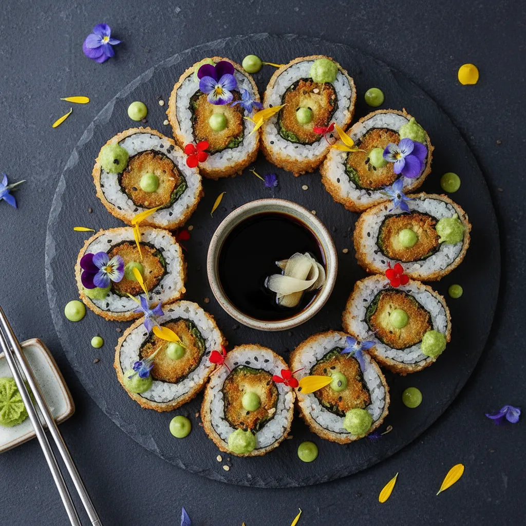 Crispy Avocado and Edible Flower Sushi Rolls