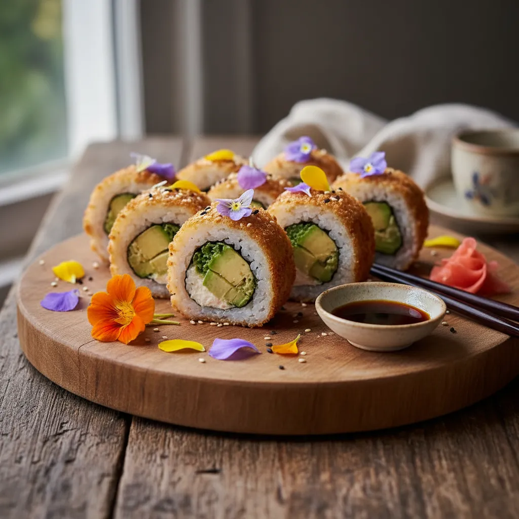Crispy Avocado and Edible Flower Sushi Rolls