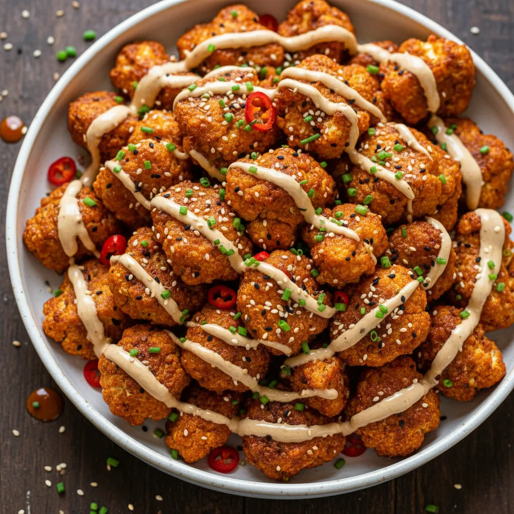 Crispy Cauliflower Buffalo Bites with Maple Tahini Drizzle