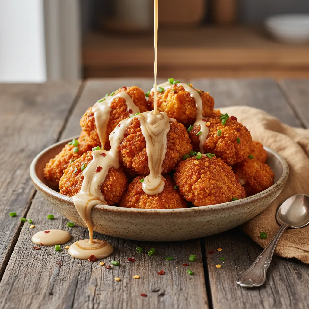Crispy Cauliflower Buffalo Bites with Maple Tahini Drizzle