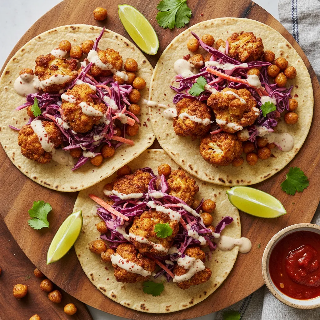 Crispy Cauliflower and Chickpea Tacos with Tahini Slaw