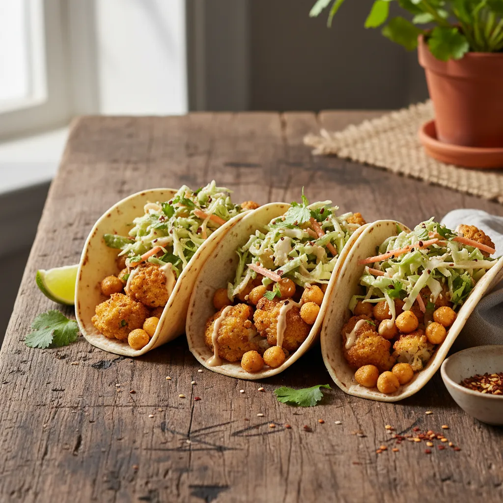 Crispy Cauliflower and Chickpea Tacos with Tahini Slaw